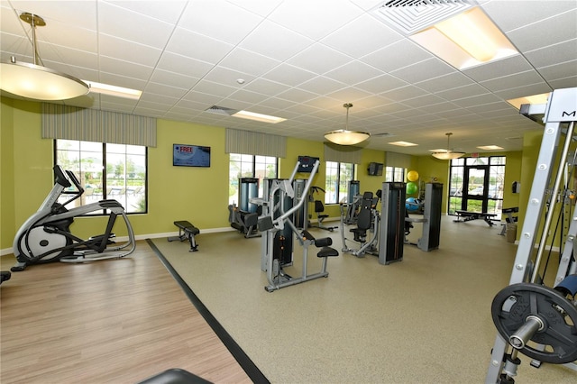 gym featuring a wealth of natural light, hardwood / wood-style floors, and a drop ceiling