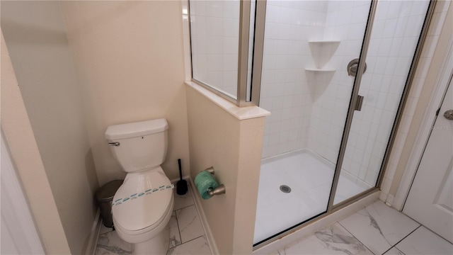 bathroom featuring walk in shower, tile flooring, and toilet