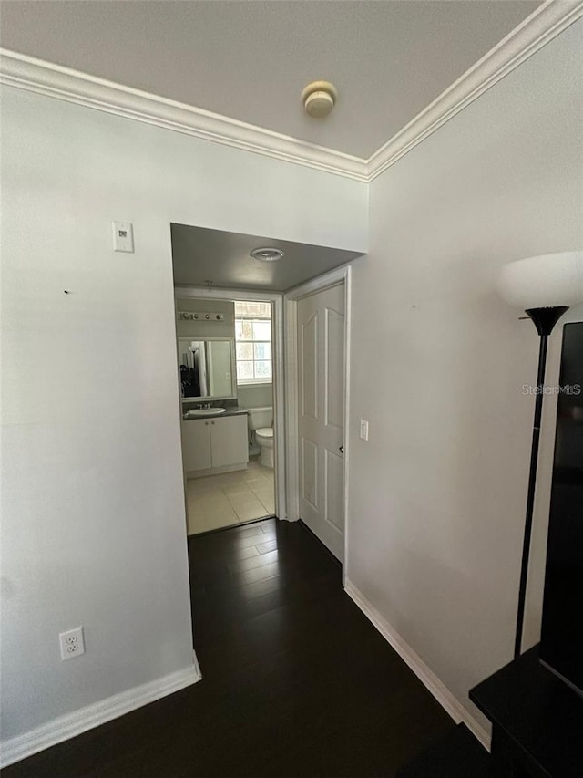 hallway with dark hardwood / wood-style floors and crown molding