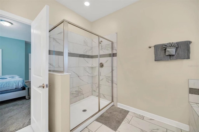 bathroom featuring walk in shower and tile floors