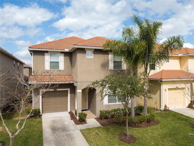 mediterranean / spanish-style home featuring a garage and a front yard