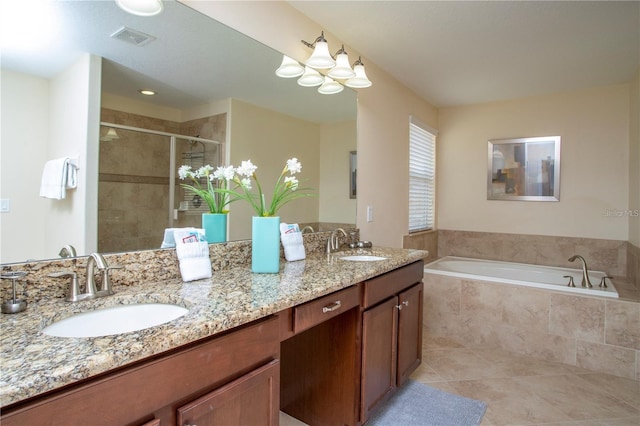 bathroom featuring independent shower and bath, double vanity, and tile flooring