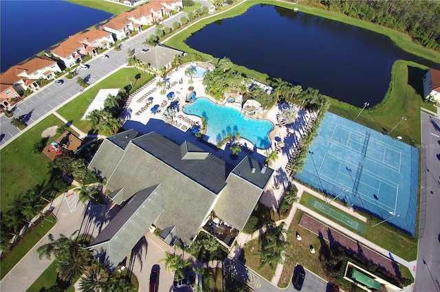 aerial view featuring a water view