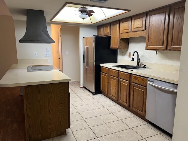 kitchen featuring ceiling fan, tasteful backsplash, stainless steel appliances, premium range hood, and sink