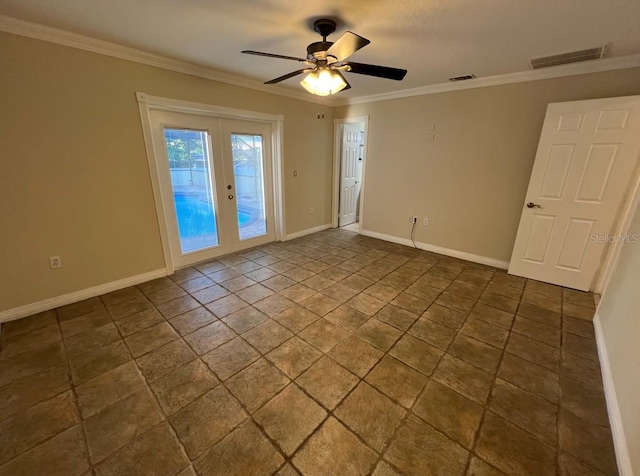 tiled spare room featuring french doors, ornamental molding, and ceiling fan