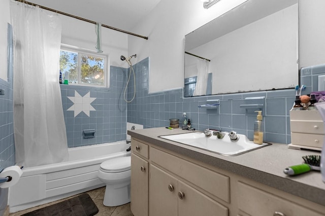 full bathroom with tile walls, tile flooring, shower / tub combo with curtain, and toilet