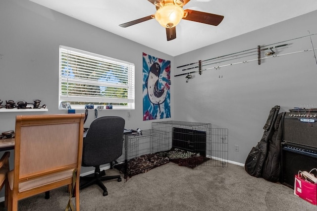 office area with ceiling fan and carpet floors