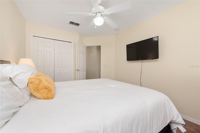 carpeted bedroom with ceiling fan and a closet