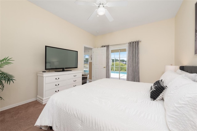 bedroom with carpet, ceiling fan, and access to exterior