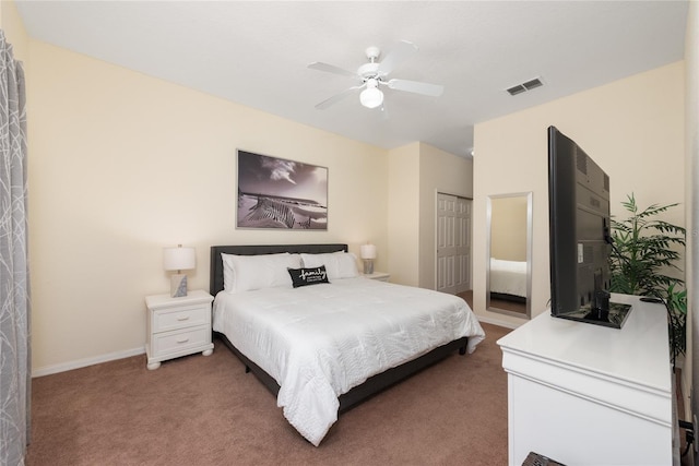 bedroom featuring ceiling fan, a closet, and carpet flooring