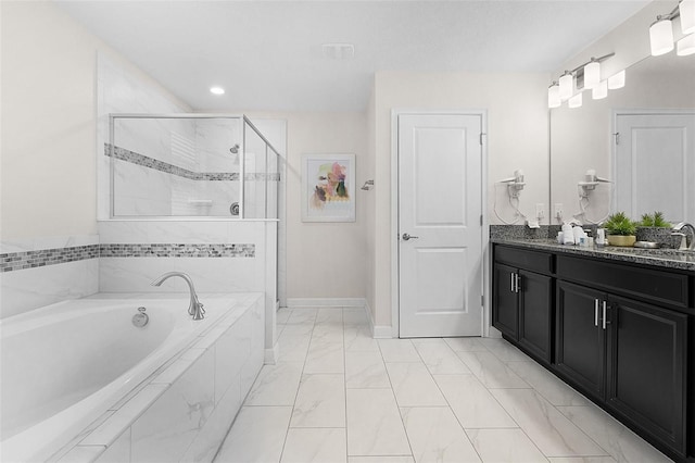 bathroom with separate shower and tub, vanity, and tile floors