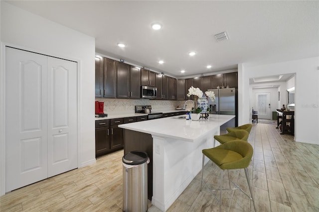 kitchen with dark brown cabinetry, an island with sink, stainless steel appliances, and backsplash