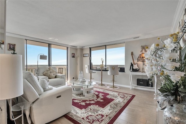 living room featuring ornamental molding, floor to ceiling windows, a wealth of natural light, and hardwood / wood-style floors