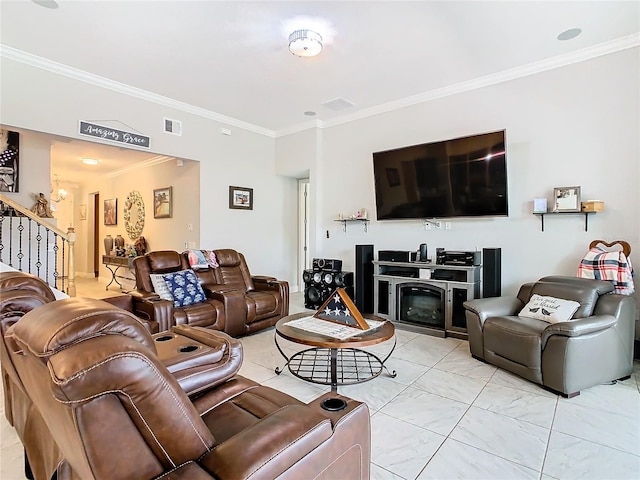 living room with ornamental molding and light tile flooring