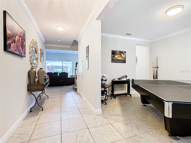 interior space with crown molding and light tile floors