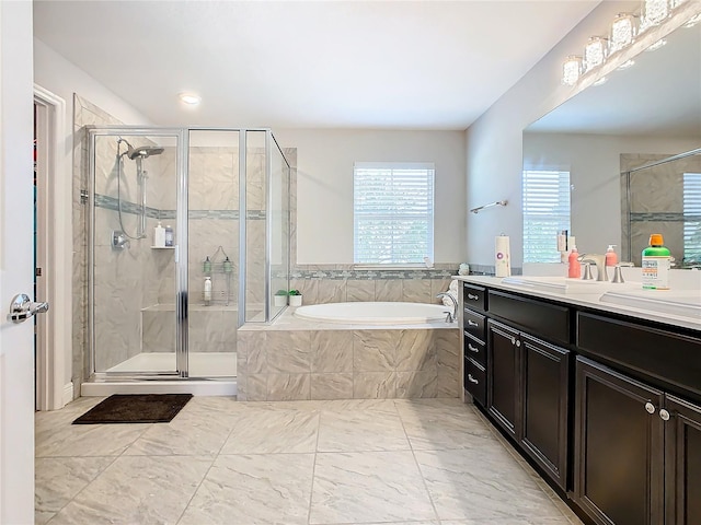 bathroom featuring vanity, separate shower and tub, and tile floors