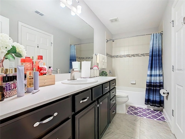 full bathroom featuring shower / bathtub combination with curtain, toilet, tile flooring, and vanity