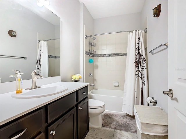 full bathroom with shower / tub combo with curtain, vanity, toilet, and tile flooring