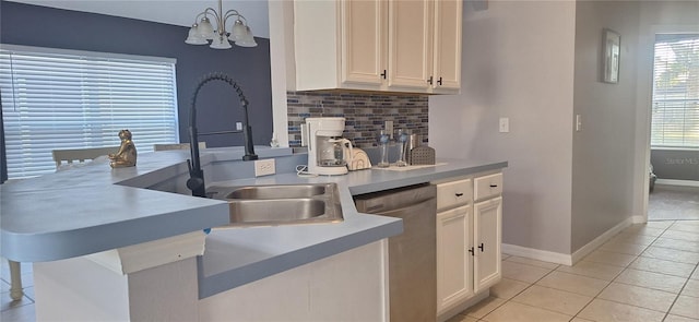 kitchen with sink, hanging light fixtures, stainless steel dishwasher, white cabinets, and backsplash