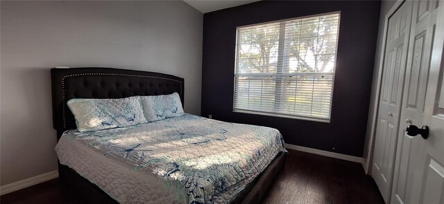 bedroom with dark hardwood / wood-style floors and a closet