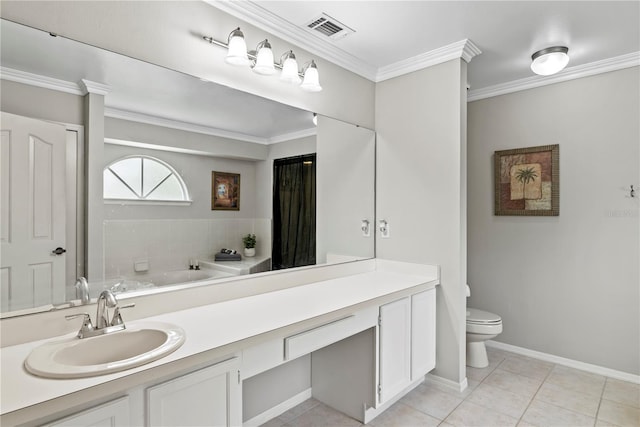 bathroom with a bathing tub, toilet, tile flooring, vanity, and ornamental molding