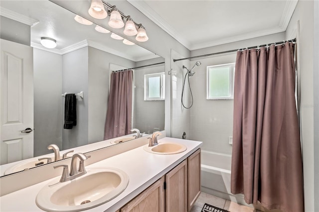 bathroom featuring shower / bath combination with curtain, crown molding, double vanity, and tile flooring