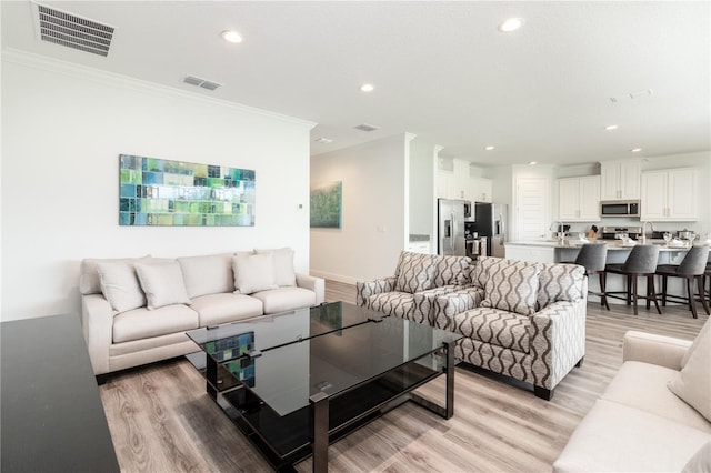 living room with sink, ornamental molding, and light hardwood / wood-style flooring