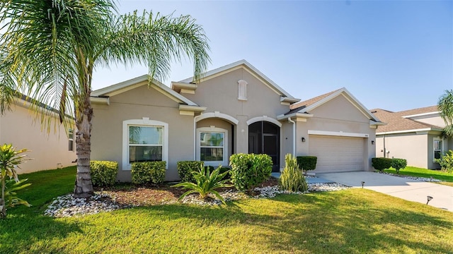 view of front of home featuring a garage and a front lawn