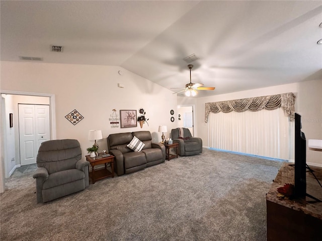 living room featuring carpet flooring, ceiling fan, and vaulted ceiling