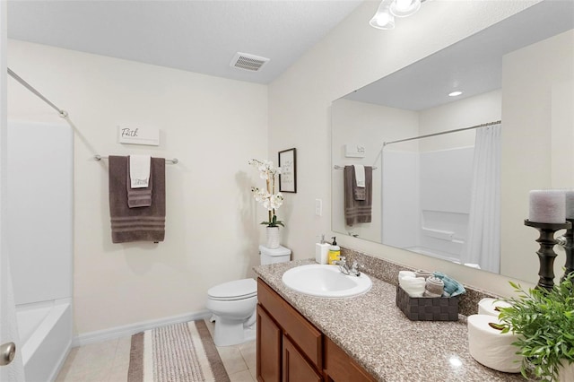 full bathroom with shower / bath combo with shower curtain, vanity, toilet, and tile floors