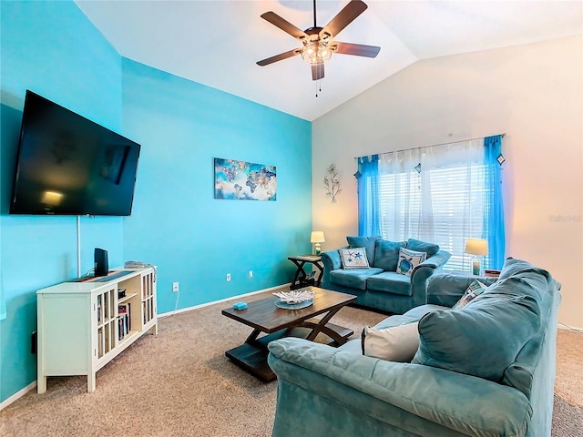 carpeted living room featuring ceiling fan and vaulted ceiling