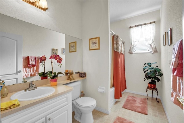 full bathroom with tile floors, shower / bath combination with curtain, toilet, and vanity