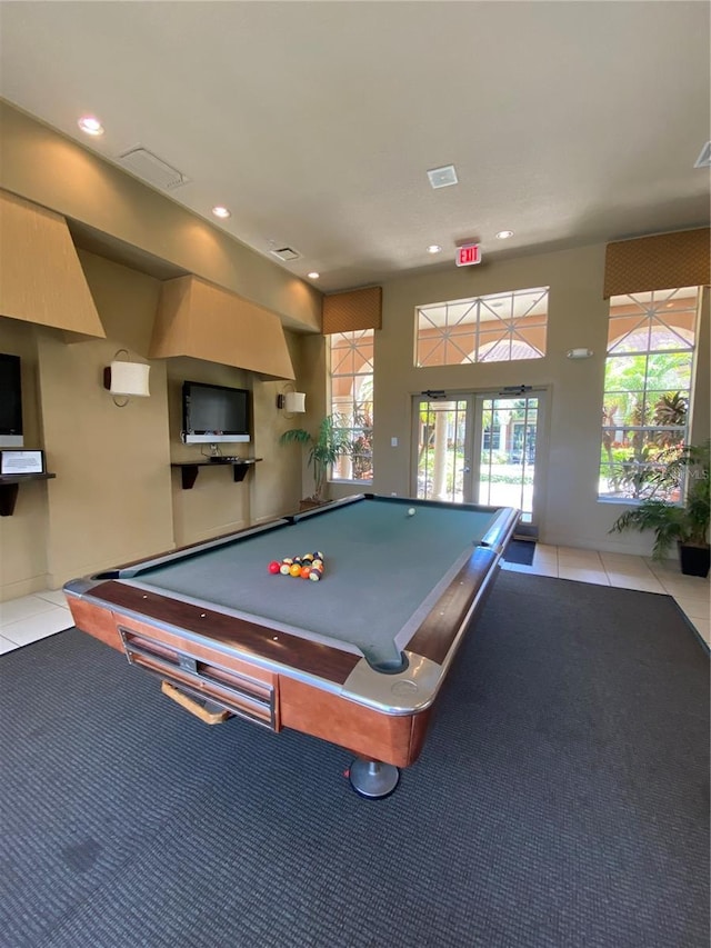 rec room featuring light tile patterned flooring, billiards, and french doors