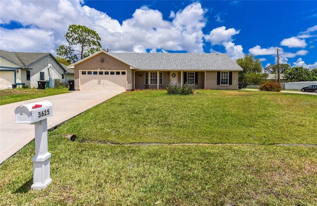 ranch-style home featuring a garage and a front yard