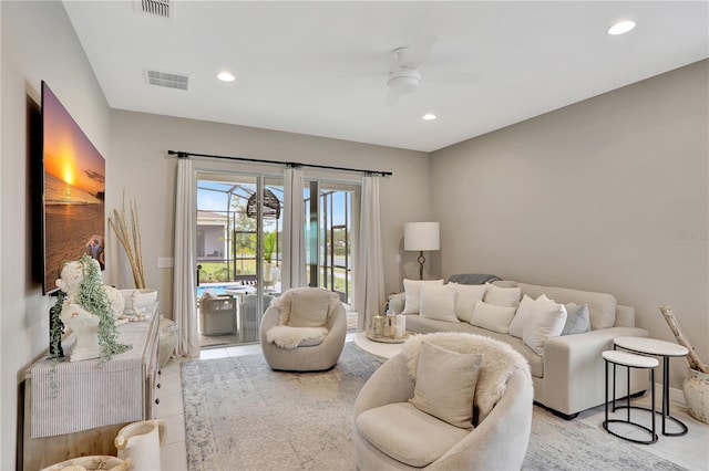 living room with ceiling fan