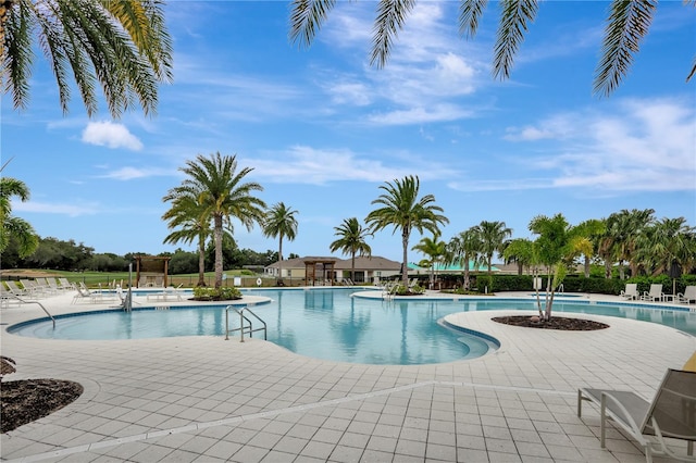 view of swimming pool with a patio