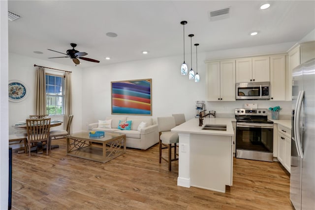 kitchen with ceiling fan, light wood-type flooring, appliances with stainless steel finishes, sink, and pendant lighting