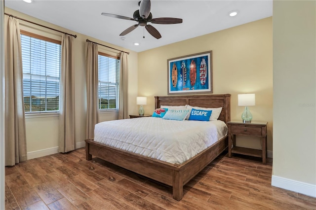 bedroom featuring ceiling fan and hardwood / wood-style floors