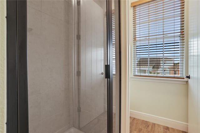 bathroom with hardwood / wood-style floors