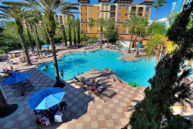 view of pool featuring a patio and a hot tub