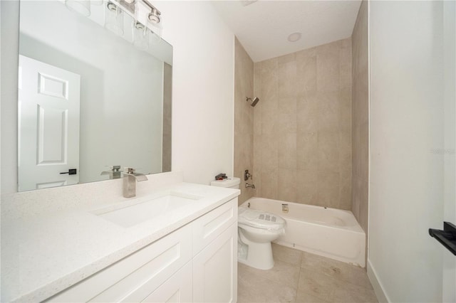 full bathroom featuring toilet, tiled shower / bath combo, tile patterned floors, and vanity