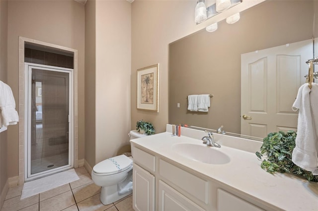 bathroom featuring vanity, an enclosed shower, tile patterned flooring, and toilet