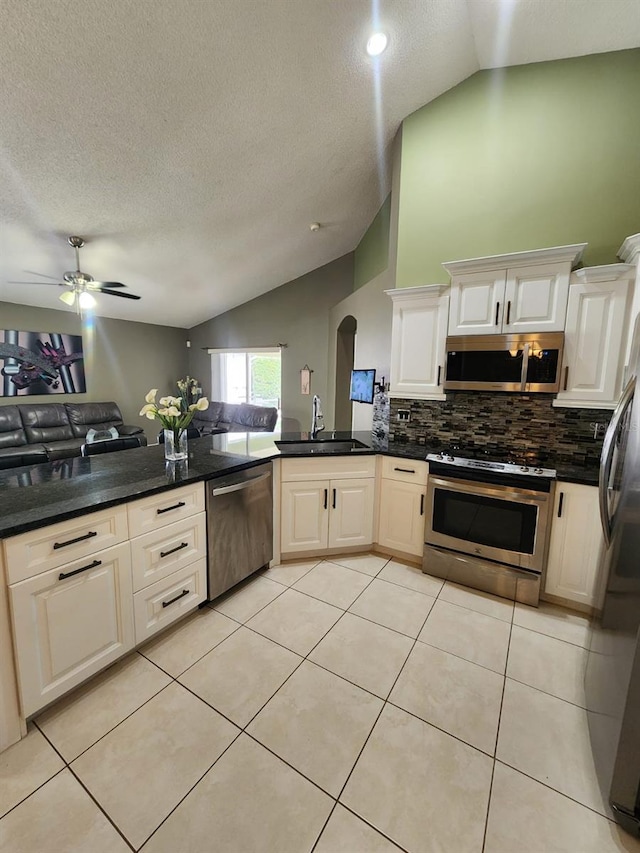 kitchen featuring lofted ceiling, ceiling fan, a textured ceiling, sink, and stainless steel appliances