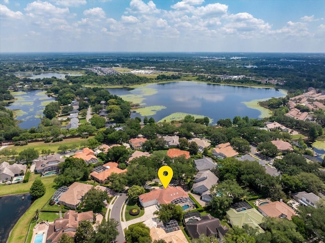 drone / aerial view featuring a water view