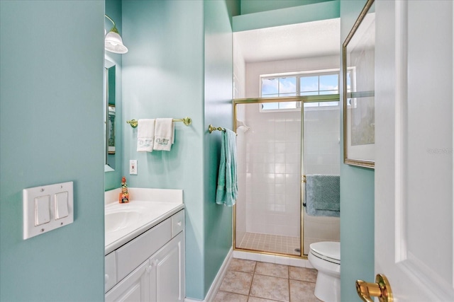 bathroom with vanity, an enclosed shower, toilet, and tile patterned flooring