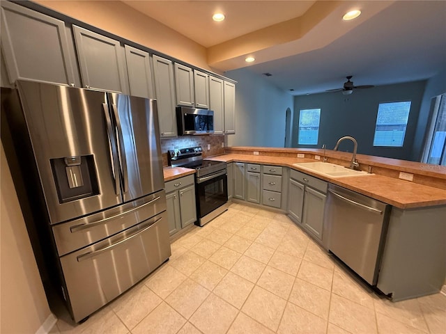 kitchen featuring sink, butcher block countertops, appliances with stainless steel finishes, gray cabinets, and kitchen peninsula