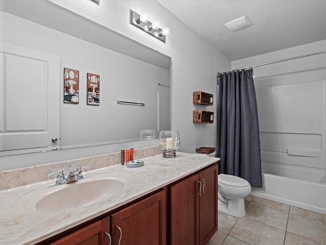 full bathroom featuring shower / tub combo, a textured ceiling, tile floors, toilet, and vanity