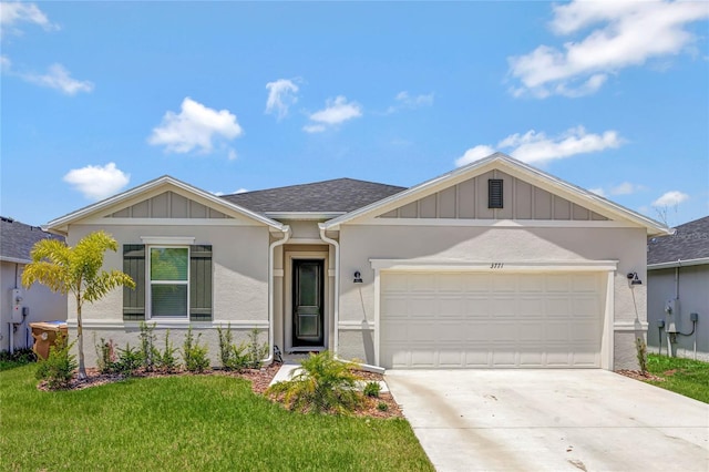 ranch-style home featuring a garage and a front yard