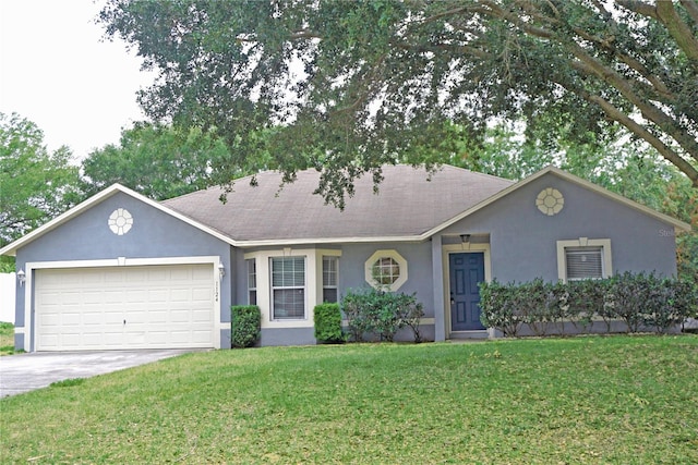 ranch-style home with a garage and a front yard