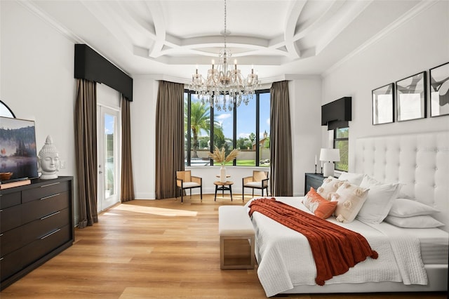 bedroom featuring coffered ceiling, light hardwood / wood-style flooring, beamed ceiling, a notable chandelier, and ornamental molding